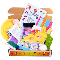 Children's craft kit with various materials and instructions on a white background