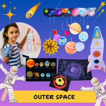 Load image into Gallery viewer, A colorful outer space themed crafts with a young girl holding a large paper rocket in a circular inset photo, plus floating planets, stars, astronauts, a rocket, a solar system chart, and the words 'OUTER SPACE' on a purple and yellow background.