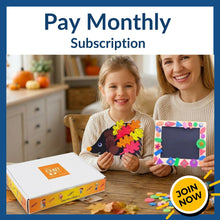 Load image into Gallery viewer, Mother and a child with a Let's craft box on the table and holding their creations, promoting a kids' monthly craft subscription in New Zealand.