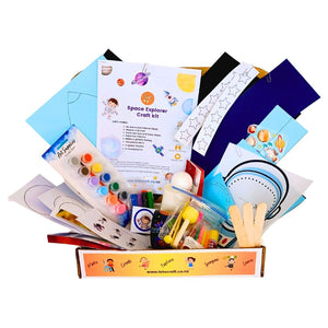 Space Explorer Craft kit for kids with various craft materials and instructions on a white background- by Let's Craft NZ