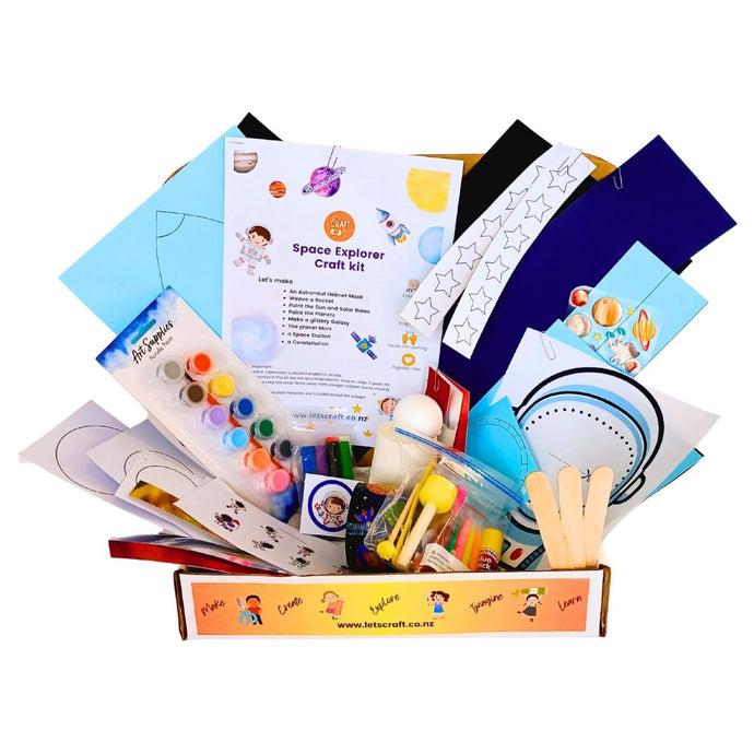 Space Explorer Craft kit for kids with various craft materials and instructions on a white background- by Let's Craft NZ