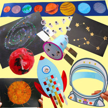 Load image into Gallery viewer, Educational space-themed craft items including a rocket, planets, and telescope on a yellow background.