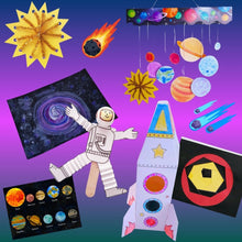 Load image into Gallery viewer, A colorful space-themed collage of craft and educational items, including an astronaut craft, a 3D rocket craft, planets, stars, comets, and a galaxy print on a purple gradient background.