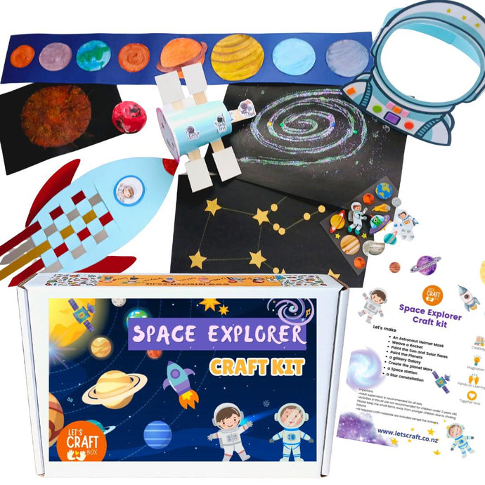 Space Explorer craft kit with craft materials and instructions on a white background.