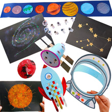 Load image into Gallery viewer, Educational craft kit with space-themed crafts including planets, star constellations, rocket and astronaut.  