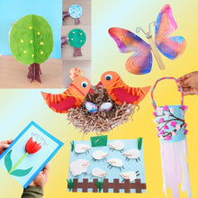 Load image into Gallery viewer, A collection of New Zealand children&#39;s crafts from the Spring craft kit, including a four-seasons tree, bird nest craft, butterfly, and tulip cards and more on a yellow background.