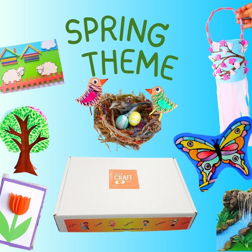 Spring-themed kids' crafts, including a butterfly, nest with eggs, tree, waterfall craft, sheep craft, seasons tree craft, and tulip cards, on a blue background.