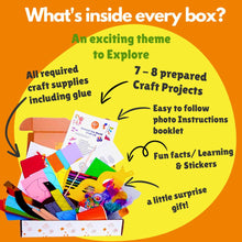 Load image into Gallery viewer, Opened Let's craft box displaying the supplies and list of contents included in each craft kit.