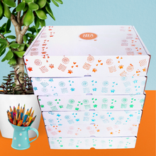 Load image into Gallery viewer, kids-monthly-craft-subscription-box-NZ-with-6-craft-kits-on-the-desk-with-colourful-jar-with-pencils